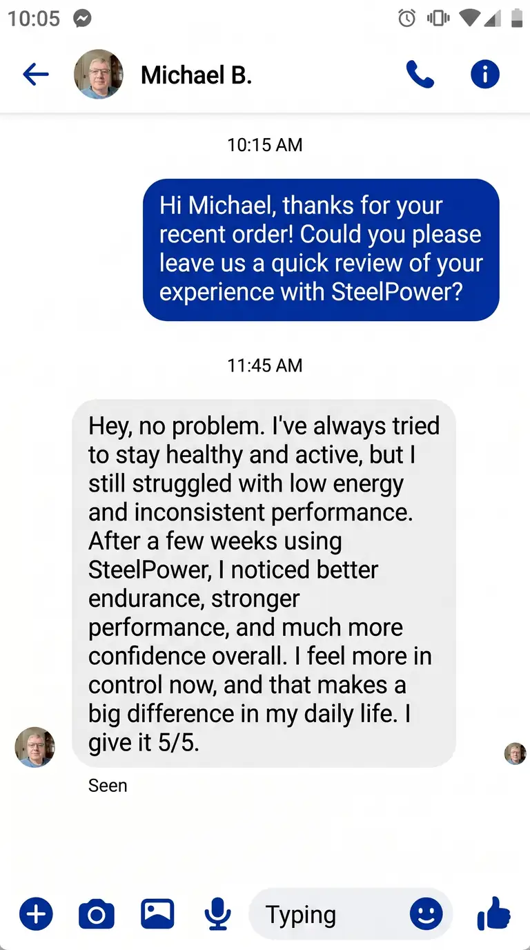 Michael B. – Ohio, USA | ⭐⭐⭐⭐⭐: I’ve always tried to stay healthy and active, but I still struggled with low energy and inconsistent performance. After a few weeks using SteelPower, I noticed better endurance, stronger performance, and much more confidence overall. I feel more in control now, and that makes a big difference in my daily life.